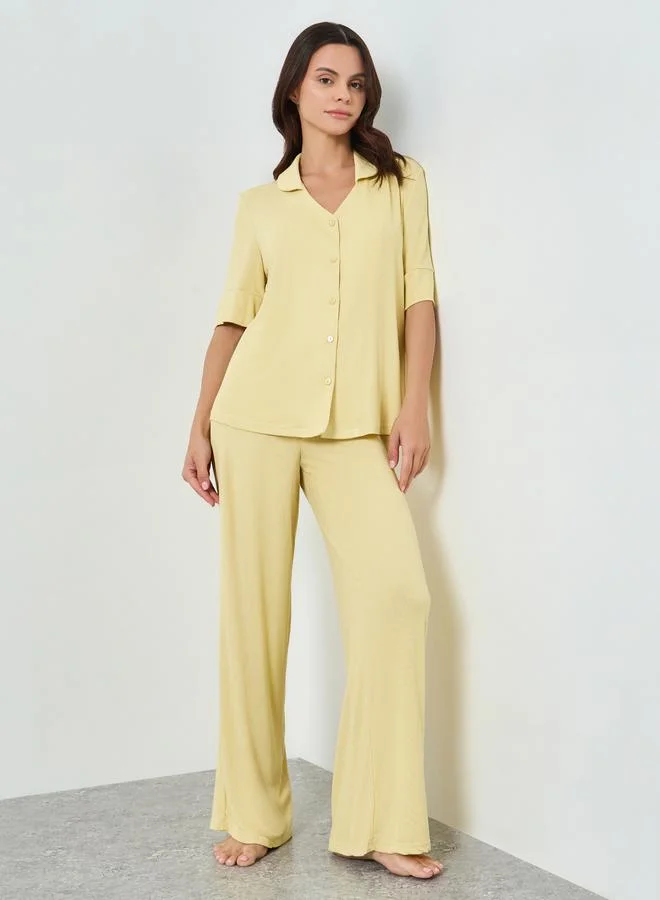 Styli Yellow Viscose Ribbed Buttoned Shirt and Pyjama Set