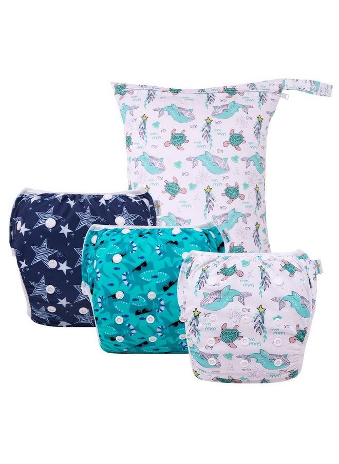 babygoal babygoal Reusable Swim Diapers with Wet Bag 4 Pack - Adjustable & Washable Water Diapers for 8M-3T Toddler Swimming Lessons-Animal Design  - Image 1