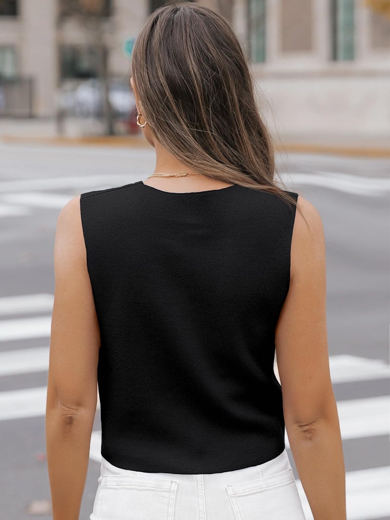 LILLUSORY Sweater Vest Women Dressy Button Up Sweater Tank Tops 2026 Knit Work Business Casual Outfits Black L - Image 5