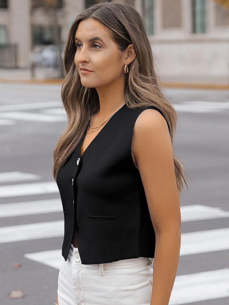 LILLUSORY Sweater Vest Women Dressy Button Up Sweater Tank Tops 2026 Knit Work Business Casual Outfits Black L - Image 4