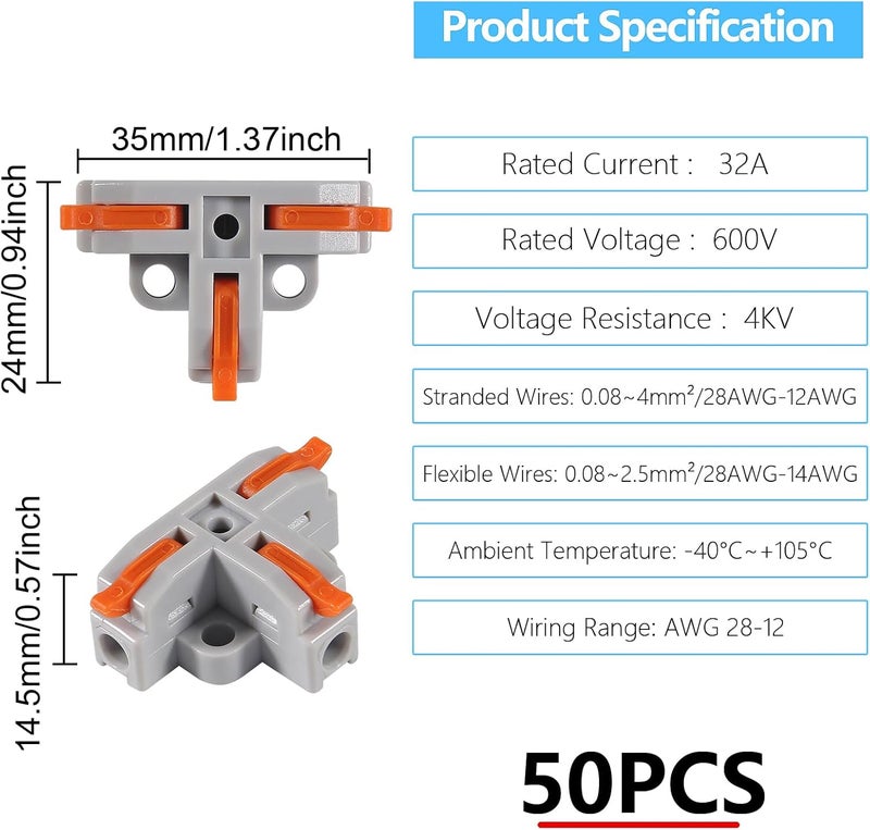 MELIFE 50PCS Lever Wire Connectors T Shape Out Quick Wire Connectors Electrical Lever Nuts Wire Connectors Pushin Conductor Terminal Block AWG 2812 - Image 3
