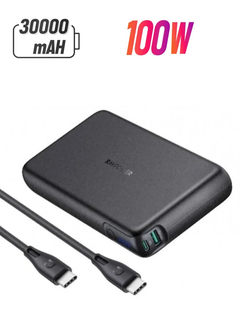 راف باور بطارية راف باور 30000 ملي امبير بمنفذ USB ومنفذ تايب سي بقوة 100 واط - اسود 30000 mAh - Image 1