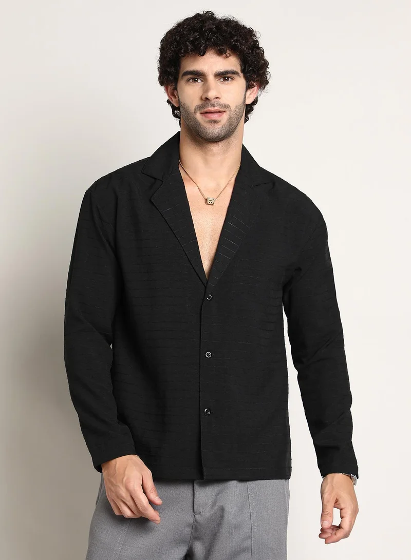 Campus Sutra Men's Onyx Black Striped Cuban Shirt