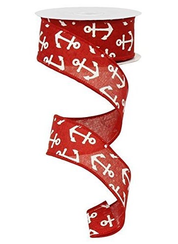 Expressions Anchor Wired Edge Ribbon 15 x 10 yards Red  White 