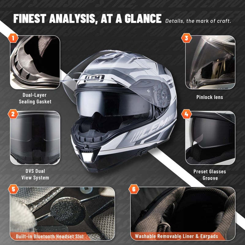LEM Motorcycle Helmets Full Face, Helmets for Men DOT Certified, PINLOCK & DVS Dual Vision, Motorcycle Street Bike Helmet for Adults Fiberglass Shell Bluetooth Ready for Cruiser(White/Black, Size M) - Image 3