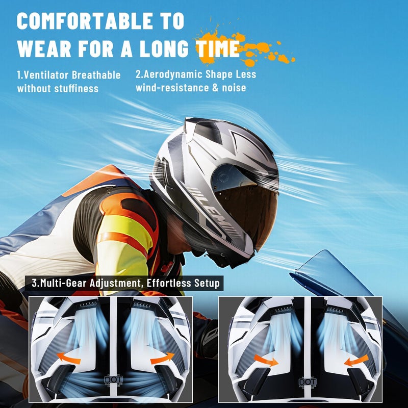 LEM Motorcycle Helmets Full Face, Helmets for Men DOT Certified, PINLOCK & DVS Dual Vision, Motorcycle Street Bike Helmet for Adults Fiberglass Shell Bluetooth Ready for Cruiser(White/Black, Size M) - Image 5