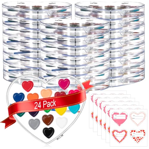 ARTLYMERS 24Pack Watercolor Paint Set 16Colors Heart Water Color Paint Sets for Kids with Paintbrush Washable Valentines Gifts Art Supplies for Preschool Classroom Party Favor Prizes Exchange - Image 1
