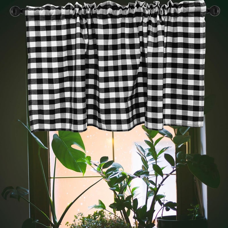 Abaodam Kitchen Plaid Valance Black White Checkered Rod Pocket Window Curtain 137x61cm Cotton Blend Lightweight Decorative Kitchen Window Treatment - Image 4