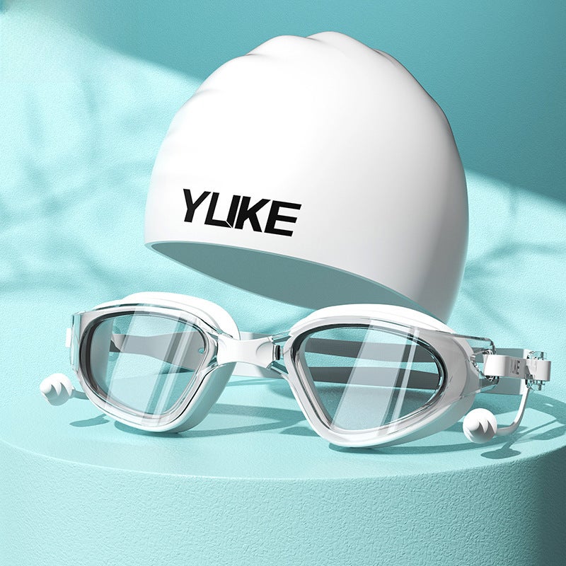 Generic HD Anti-Fog Waterproof Swim Goggles Set for Men  Women Cloud Mist White + hat 