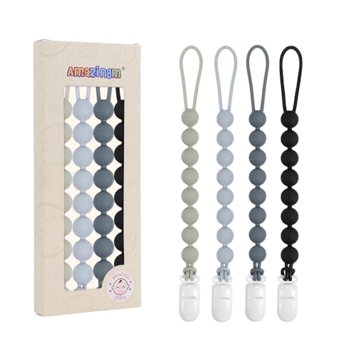 AmazingM 4 Pcs Gray Baby Silicone Teething Pacifier Clip,One-Piece Design,Round Shape,Smooth Surface,BPA Free. - Image 1