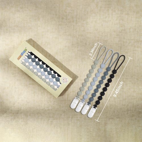 AmazingM 4 Pcs Gray Baby Silicone Teething Pacifier Clip,One-Piece Design,Round Shape,Smooth Surface,BPA Free. - Image 3