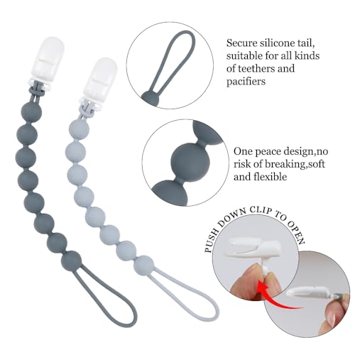 AmazingM 4 Pcs Gray Baby Silicone Teething Pacifier Clip,One-Piece Design,Round Shape,Smooth Surface,BPA Free. - Image 2