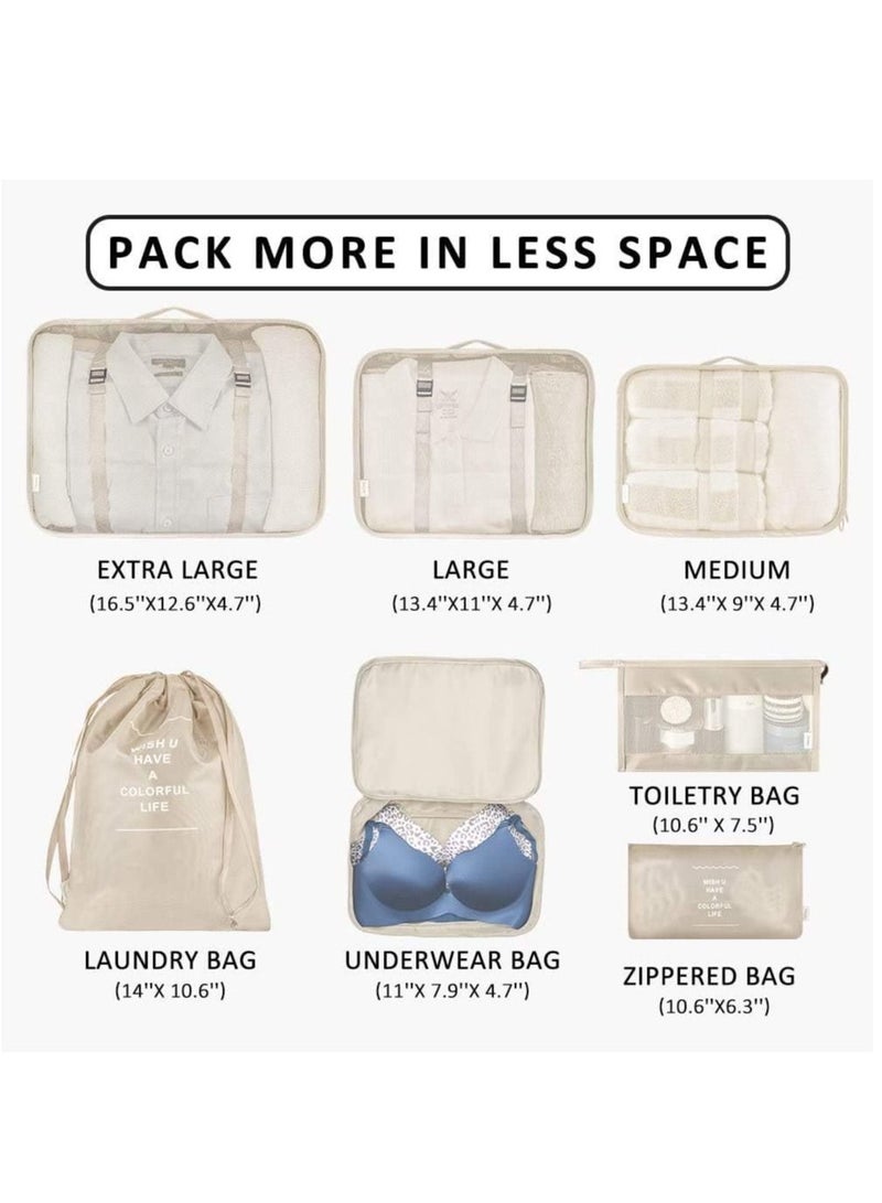 NANAO 7 Piece Packing Cubes Value Set for Travel Luggage Organiser Bag Compression Pouches Clothes Suitcase Packing Organizers Set with Toiletry Bag(Beige)  - Image 5