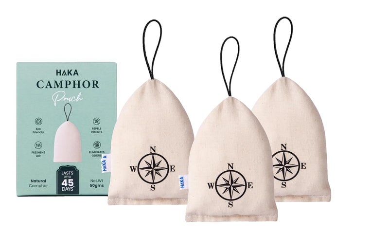 Haka Camphor Pouch –100% Pure Camphor | Multipurpose Natural Chemical Free Air Freshener for Car, Wardrobe, Bathroom & Room | Eco-Friendly Aroma Bag (Compass X 3, Natural) - Image 1