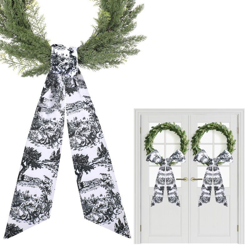 PartyforU Black Wreath Sash for Front Door - 2 Pcs Dark French Toile Sashes for Wreaths Home Decor, Rustic Wreath Sash for Embroidery Monogram Farmhouse Yard - Image 1