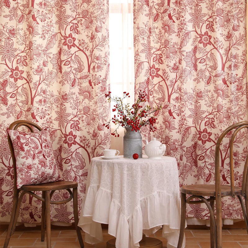 ISAENNE Vintage Linen Semi Blackout Western Curtains with Grommets,Red Floral Cottage Home Decor Curtain for Living Room Bedroom Kitchen Window,2 Panels 53 Inches Wide by 87 Inches Long -Ruyi A - Image 2