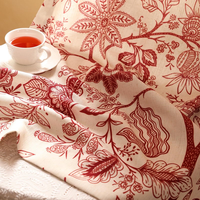 ISAENNE Vintage Linen Semi Blackout Western Curtains with Grommets,Red Floral Cottage Home Decor Curtain for Living Room Bedroom Kitchen Window,2 Panels 53 Inches Wide by 87 Inches Long -Ruyi A - Image 3