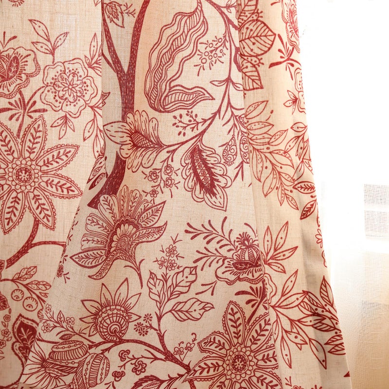 ISAENNE Vintage Linen Semi Blackout Western Curtains with Grommets,Red Floral Cottage Home Decor Curtain for Living Room Bedroom Kitchen Window,2 Panels 53 Inches Wide by 87 Inches Long -Ruyi A - Image 1