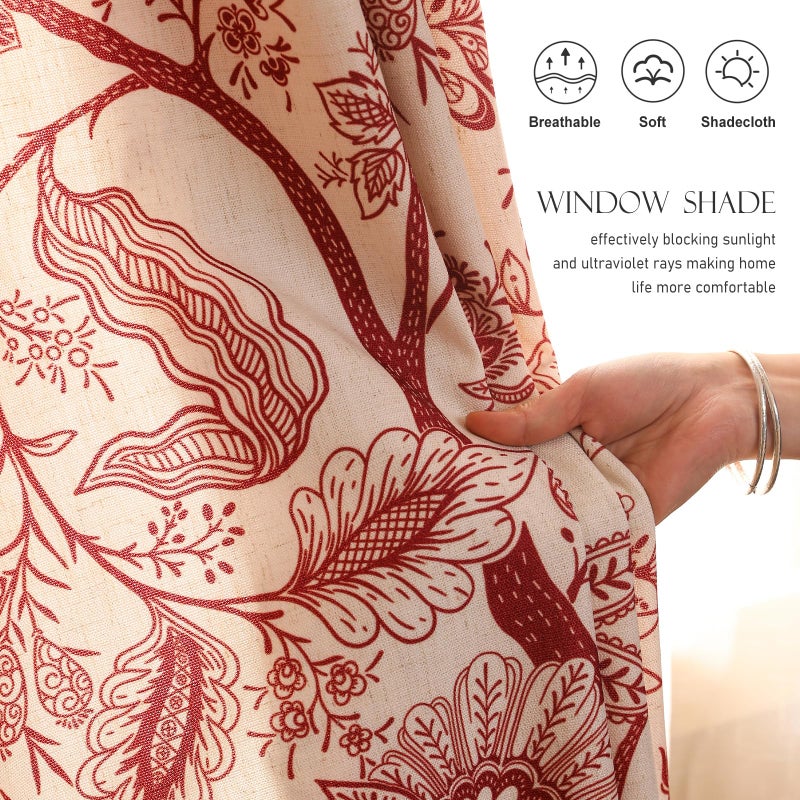 ISAENNE Vintage Linen Semi Blackout Western Curtains with Grommets,Red Floral Cottage Home Decor Curtain for Living Room Bedroom Kitchen Window,2 Panels 53 Inches Wide by 87 Inches Long -Ruyi A - Image 4
