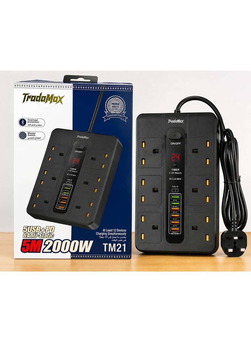 تراداماكس مشترك كهربائي تراداماكس 2000 واط مع 6 منافذ عالمية و5 منافذ USB وشحن سريع PD ومؤقت 24 ساعة وكابل بطول 5 متر - Image 1