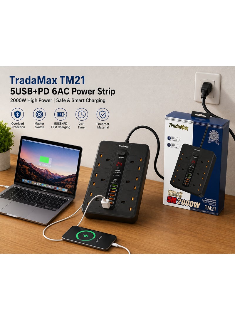 تراداماكس مشترك كهربائي تراداماكس 2000 واط مع 6 منافذ عالمية و5 منافذ USB وشحن سريع PD ومؤقت 24 ساعة وكابل بطول 5 متر - Image 2