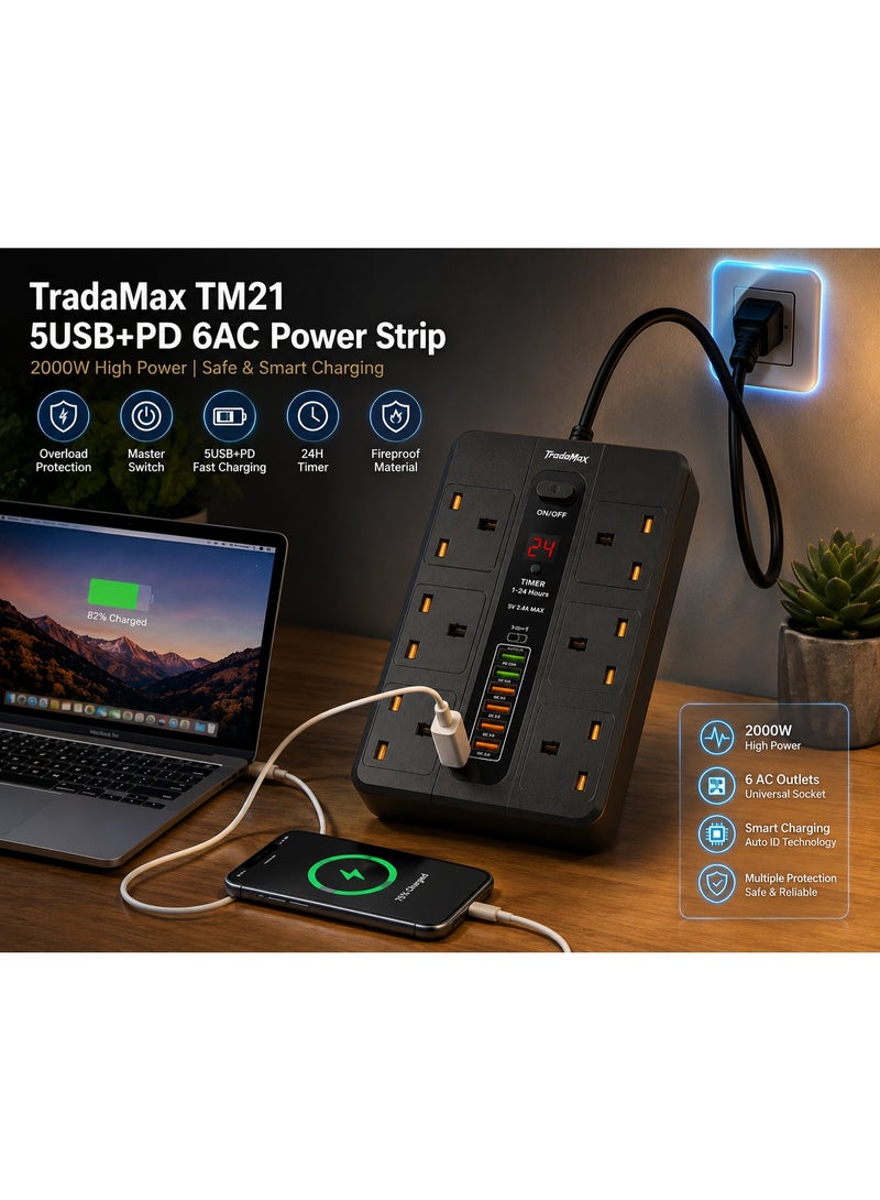 تراداماكس مشترك كهربائي تراداماكس 2000 واط مع 6 منافذ عالمية و5 منافذ USB وشحن سريع PD ومؤقت 24 ساعة وكابل بطول 5 متر - Image 3