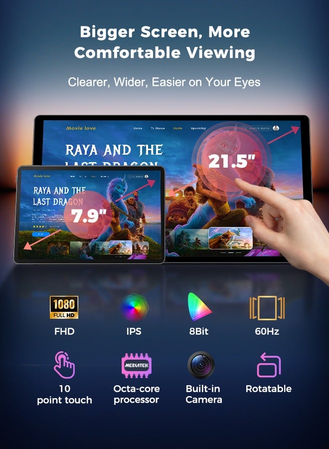 VLH 21.5 Inch Smart Portable Touch Screen TV, FHD Rotatable Display with Stand, Android 15, 6GB RAM + 128GB Storage, 27000mAh Battery, 13MP Camera, Wireless Casting - Image 2