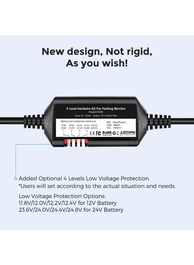 AZDOME 3-Lead Acc Hardwire Kit Type-C USB Port for M550 M01Pro PG17 GS63HPro DashCam, 12ft with Fuse Kit, Dash Camera Convert 12V-24V to Output 5V/2.5A Max, 24H Parking Mode, Low Voltage Protection - Image 2