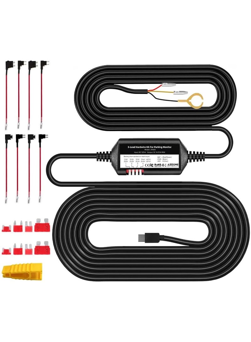 AZDOME 3-Lead Acc Hardwire Kit Type-C USB Port for M550 M01Pro PG17 GS63HPro DashCam, 12ft with Fuse Kit, Dash Camera Convert 12V-24V to Output 5V/2.5A Max, 24H Parking Mode, Low Voltage Protection - Image 1
