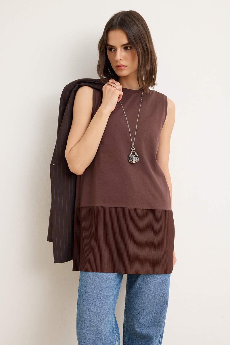 trendyol Brown Skirt Pleated Detailed Sleeveless Knitted Undershirt Blouse Tctss25Uk00005 - Image 2