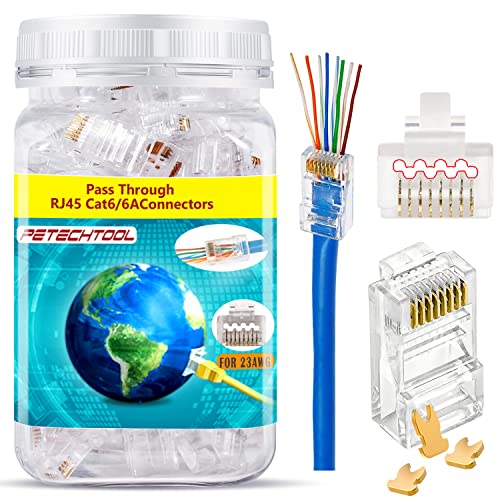 PETECHTOOL RJ45 23AWG Cat6a Cat6 Connector Gold Plated 8P8C Pass Through Ends UTP Network Plug for Unshielded Twisted Pair Solid Wire & Standard Cables | Transparent Passthrough Ethernet Connector (100Packs) - Image 1