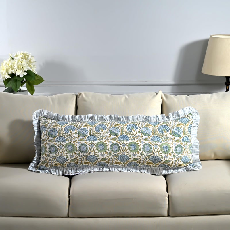 Ridhi Block Print Asparagus Green 36"x14" Set 1-100% Cotton Ruffle Lumbar Sham Cover Boho Floral Pillowcase, Farmhouse Cottagecore Bedding, Soft Decorative Cover Gift for Spring, Easter, Valentine - Image 1