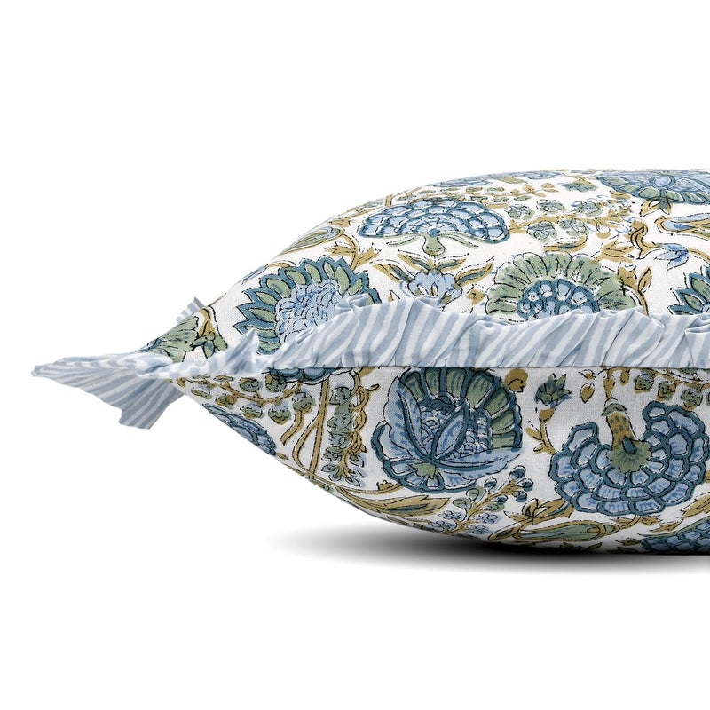 Ridhi Block Print Asparagus Green 36"x14" Set 1-100% Cotton Ruffle Lumbar Sham Cover Boho Floral Pillowcase, Farmhouse Cottagecore Bedding, Soft Decorative Cover Gift for Spring, Easter, Valentine - Image 2