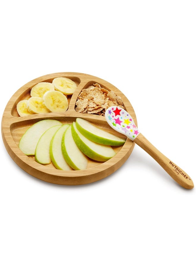 NutriChef طبق بيبي دائري من نوتري شيف - مجموعة طبق خشبي مع ملعقة بتقسيم 3 أجزاء للأطفال الصغار - Image 2