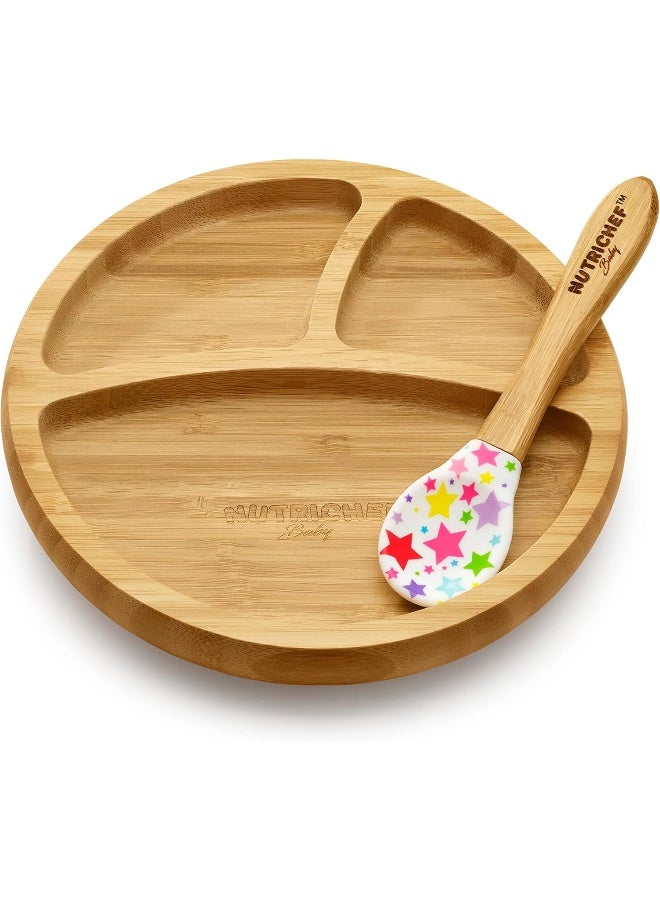 NutriChef طبق بيبي دائري من نوتري شيف - مجموعة طبق خشبي مع ملعقة بتقسيم 3 أجزاء للأطفال الصغار - Image 1