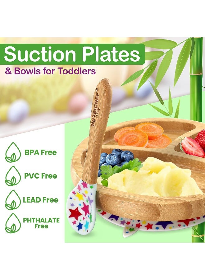NutriChef طبق بيبي دائري من نوتري شيف - مجموعة طبق خشبي مع ملعقة بتقسيم 3 أجزاء للأطفال الصغار - Image 4