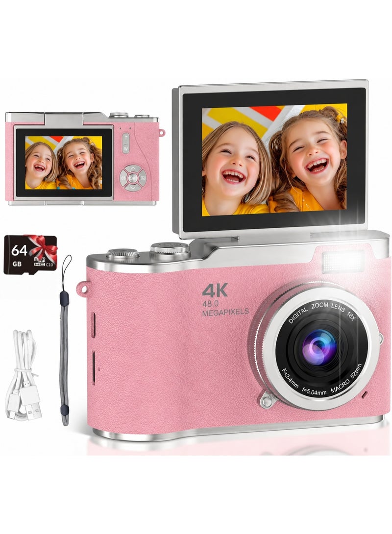 Lecran 4k CCD Digital Zoom Student Digital Camera 48MP Portable Digital Photography Camera 180° Flip Screen Selfie Camera，with 64GB SD card - Image 1