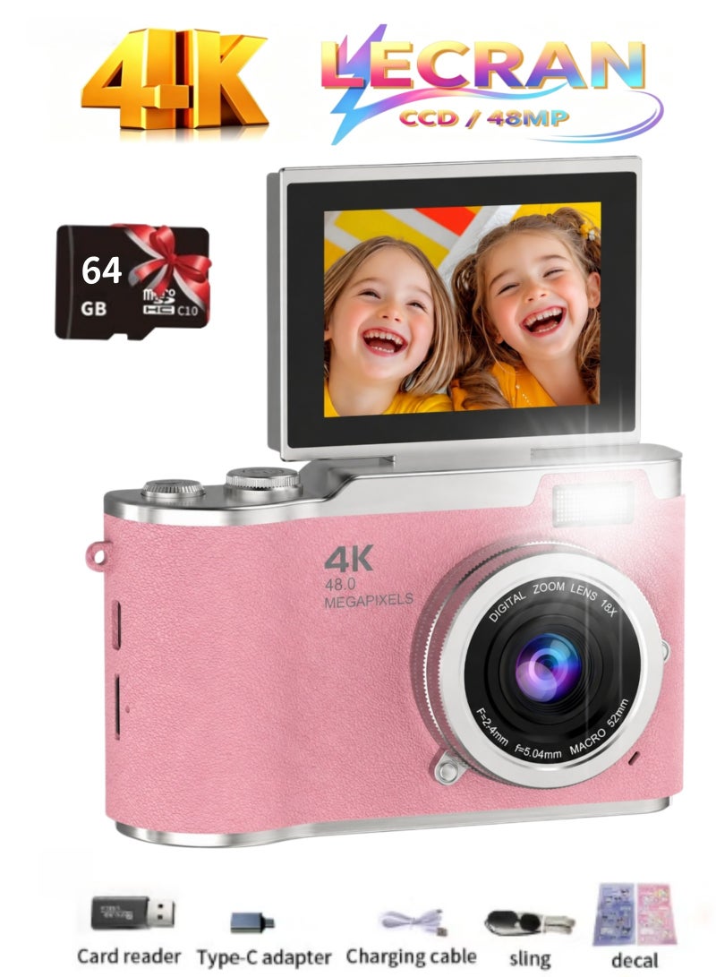 Lecran 4k CCD Digital Zoom Student Digital Camera 48MP Portable Digital Photography Camera 180° Flip Screen Selfie Camera，with 64GB SD card - Image 1