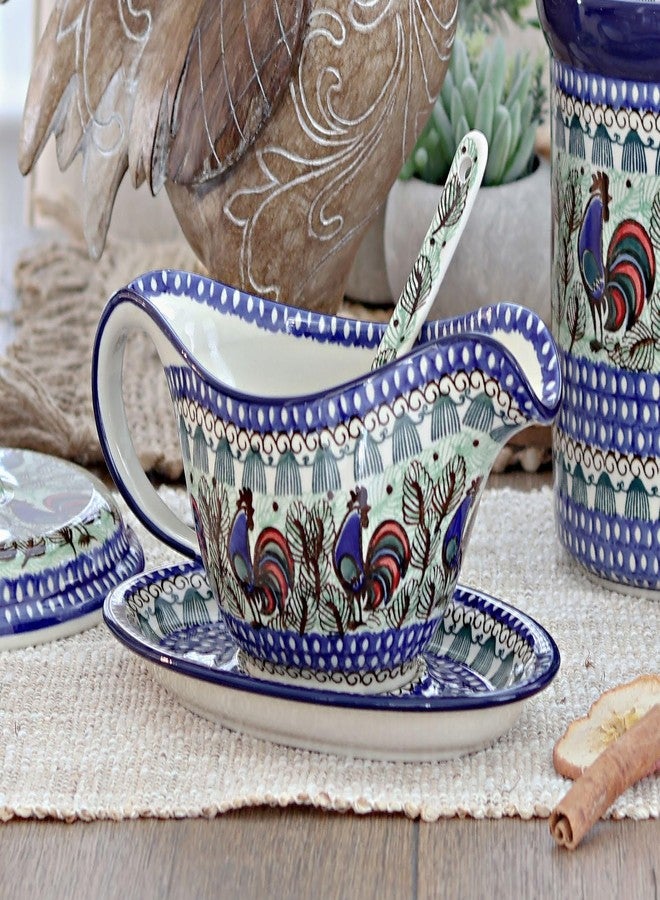 Blue Rose Pottery Blue Rose Polish Pottery Rooster Row Gravy Boat & Ladle - Image 2