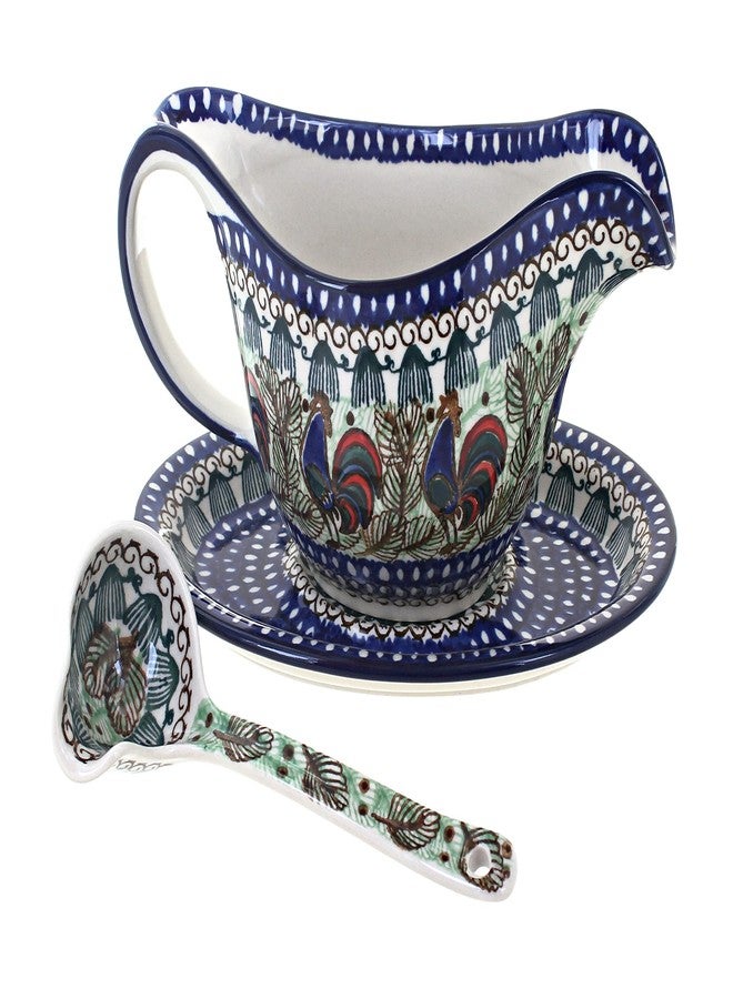 Blue Rose Pottery Blue Rose Polish Pottery Rooster Row Gravy Boat & Ladle - Image 1