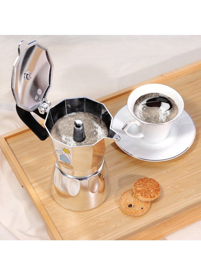آني مورننغ - صانعة إسبريسو على الموقد Any Morning، إبريق موكا، صانعة قهوة إيطالية، جهاز تقطير القهوة، إبريق موكا من الألمنيوم، 3 أكواب - 4 أونصات - 120 مل، فضي-أسود. - Image 1