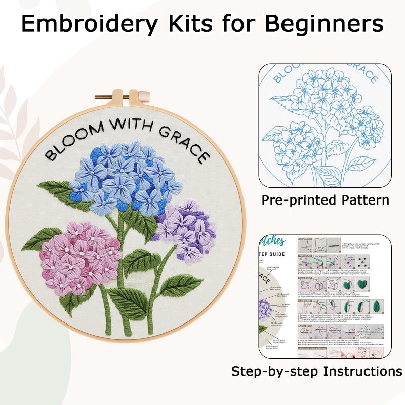 Nuberlic Hydrangea Embroidery Kits for Beginner Adults Cross Stitch Kit with Stamped Pattern Include Cloth Hoops Threads Needles - Image 5