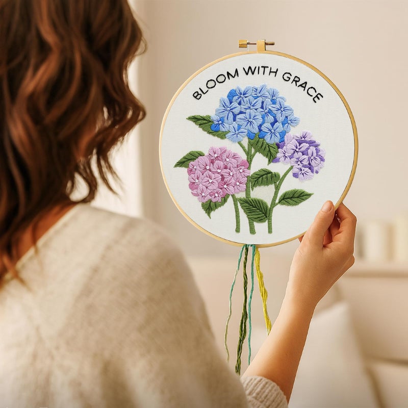 Nuberlic Hydrangea Embroidery Kits for Beginner Adults Cross Stitch Kit with Stamped Pattern Include Cloth Hoops Threads Needles - Image 3