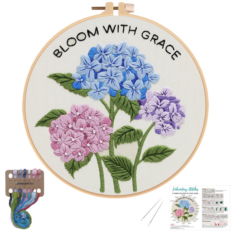Nuberlic Hydrangea Embroidery Kits for Beginner Adults Cross Stitch Kit with Stamped Pattern Include Cloth Hoops Threads Needles - Image 1