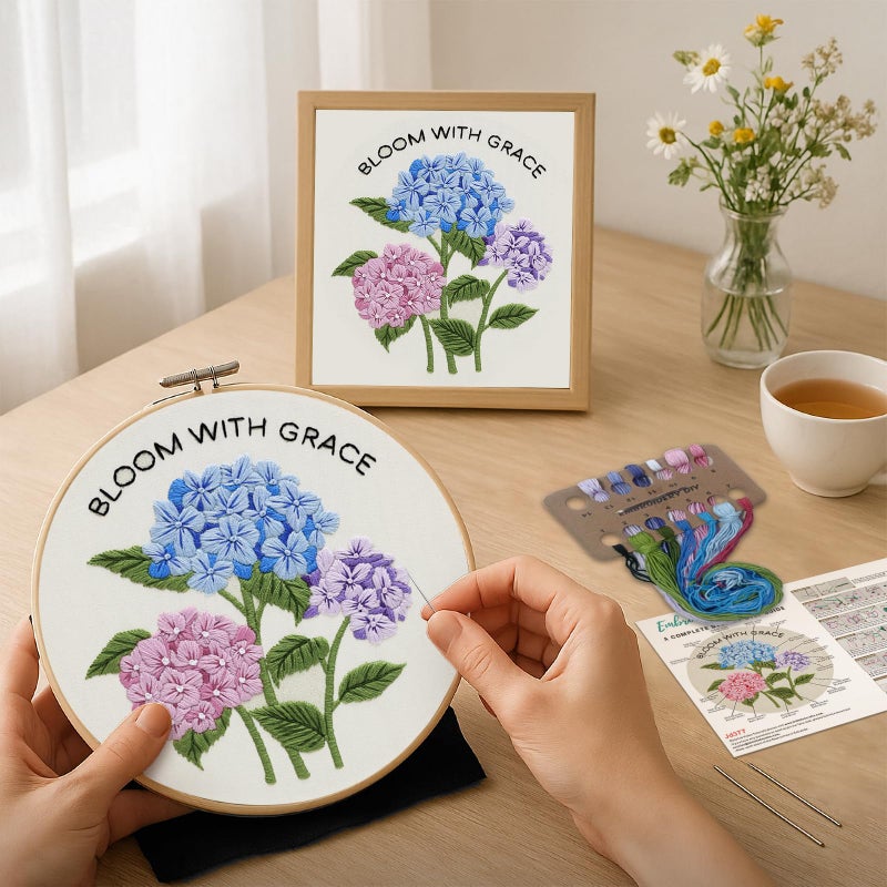 Nuberlic Hydrangea Embroidery Kits for Beginner Adults Cross Stitch Kit with Stamped Pattern Include Cloth Hoops Threads Needles - Image 2