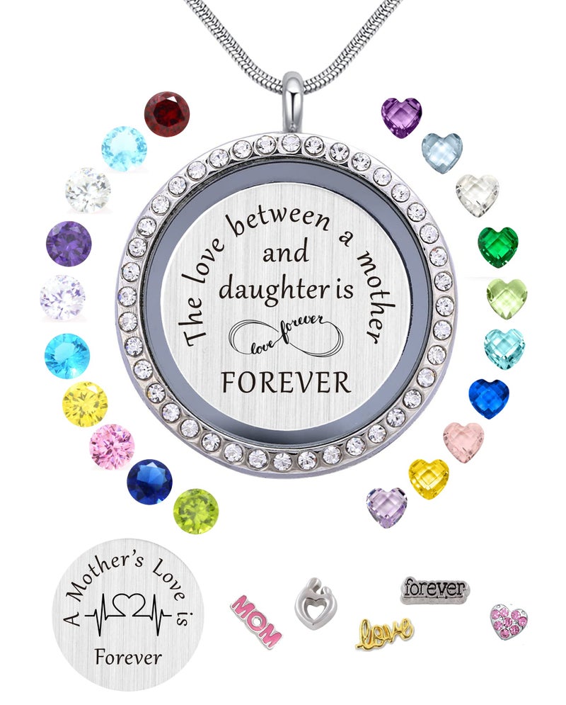 Beffy Mom Love Gift, Memory Floating Locket Pendant Necklace with Birthstones & Charm for Morther Mammy Mama - Image 1