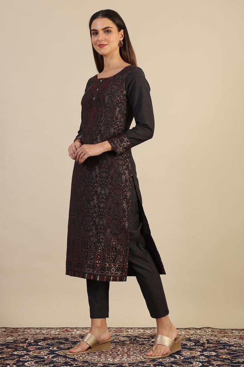 Aurelia Women's Grey Yarn Dyed Straight Kurta & Straight Pant with Shawl Set (Size: 2XL)-24NOAS15440-705355 - Image 4