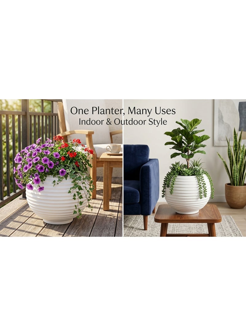 Modern Horizontally Ribbed Polyethylene Plant Pot 35 cm - Round Flower Container for Home Gardening and Indoor Plants White - Image 4