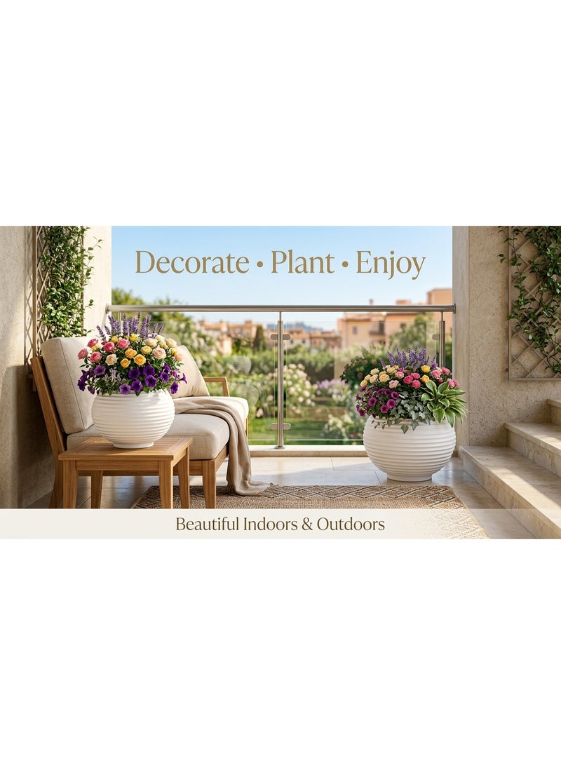 Modern Horizontally Ribbed Polyethylene Plant Pot 35 cm - Round Flower Container for Home Gardening and Indoor Plants White - Image 2