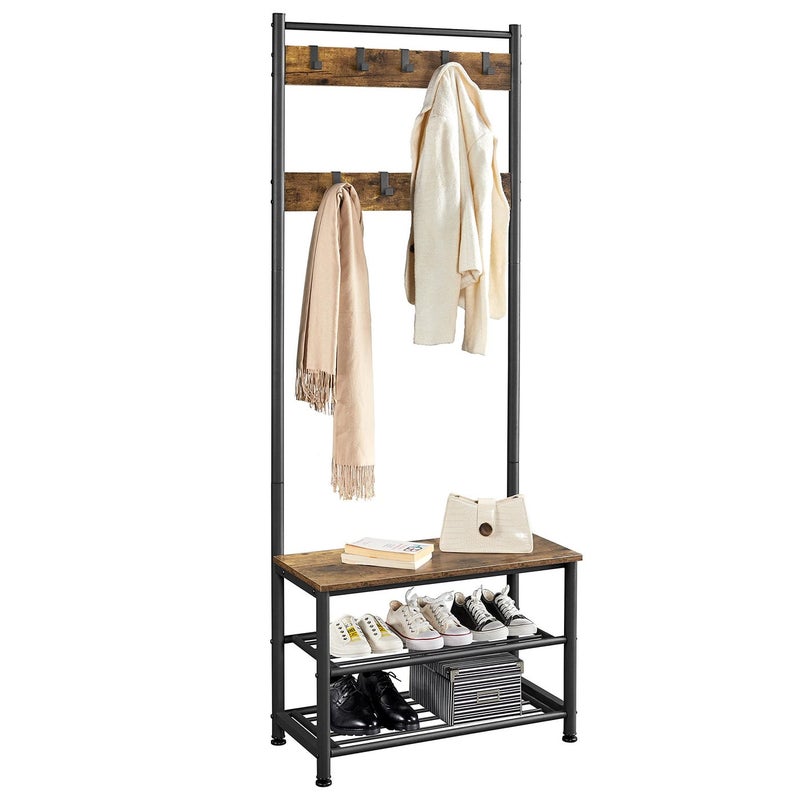 Yaheetech 3in1 Hall Tree Coat Rack Shoe Bench with 9 Hooks and Storage Shelf Industrial Entryway Storage Shelf Bench Easy Assembly Rustic Brown